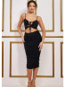 Black Jersey Cutout Midi Party Dress With Drawstring